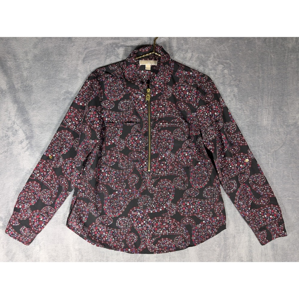 Michael Michael Kors Womens Black Pink Paisley Floral Half Zip Roll Tab Blouse M